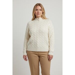 Karen Scott Ivory Cable Knit Plus Size 1X Mock Neck Pearl Button Sweater